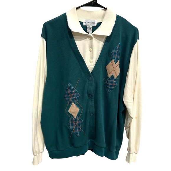 Vintage Alfred Dunner Teal Cream Collared Sweater Vest Argyle Patchwork Grandma - Picture 1 of 11